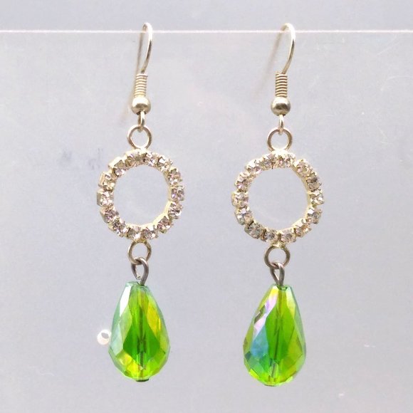 Jewelry - Green Teardrop Dangle Earrings, Vintage Clear Crystal Ring and Bright Faceted AB